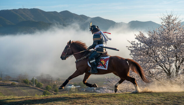 Samurai Warrior on Horseback in Spring Landscape