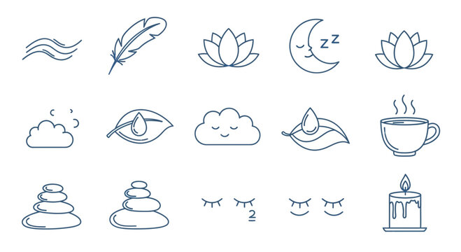 Calming icons set for relaxation and self care including zen stones, lotus, sleeping moon, and tea cup for wellness.