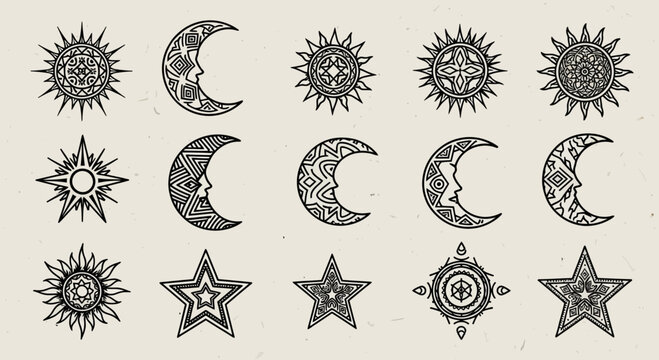 Mystical celestial icons featuring detailed suns moons and stars evoking cosmic wonder and ancient artistry for your creative projects