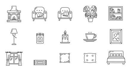 Cozy home interior elements like fireplaces, armchairs, plants, lamps, candles, and beds create a warm and inviting atmosphere for relaxation and comfort.