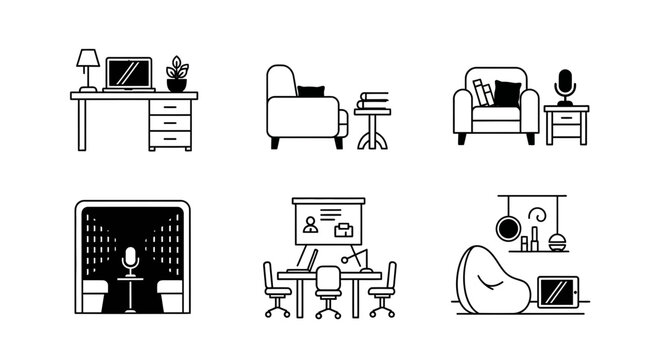 Modern workspace icons depict home office, meeting, podcast studio, and relaxation zones for creative professionals and remote work