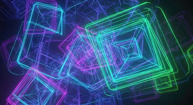 Neon squares create an abstract geometric pattern with futuristic design elements showcasing vibrant colors and digital rendering for modern art applications technology backgrounds and visual display