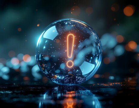 A glowing orange exclamation mark symbol is encapsulated within a clear crystal ball on a reflective, wet surface.