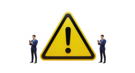 Two businessmen standing beside large yellow warning sign isolated on transparent background