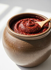 A Rustic Ceramic Jar Filled With Rich Red Gochujang Paste With A Wooden Spoon Ready To Serve On A White Surface With Natural Sunlight Casting Shadows
