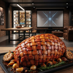 Gourmet Bacon Wrapped Roast With Glazed Garlic And Figs In A Luxurious Home Theater Setting With Ambient Lighting