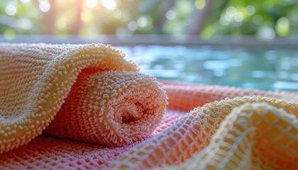 Soft Rolled Peach and Yellow Towels Near Swimming Pool with Bokeh Background Warm Sunlight Outdoors