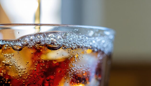 Refreshing cola drink with ice cubes and bubbles in a clear glass with brown liquid and light background - Powered by Adobe