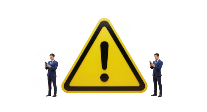 Two businessmen standing beside large yellow warning sign isolated on transparent background