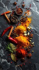 Vibrant Spices Arrangement on a Textured Black Surface Highlighting Culinary Ingredients