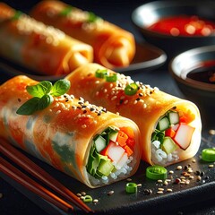 Close Up View of Freshly Prepared Spring Rolls Garnished with Herbs and Sesame Seeds