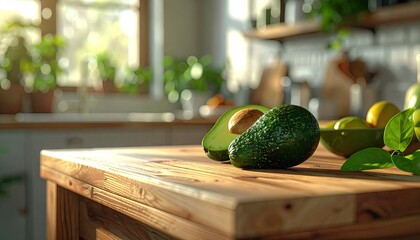 Close Up of Avocado on Wooden Kitchen Table with Lemons and Greenery Blurred Background