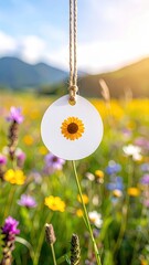 Close Up of Sunflower Pressed in White Circle on Rope in Blooming Meadow with Mountain Background