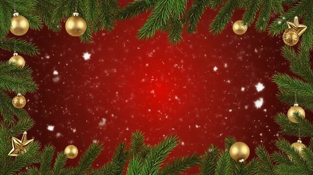 A festive Christmas background with green pine branches, golden ornaments, and falling snow on a vibrant red backdrop.