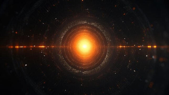 Black background with orange light and circular glowing energy waves emanating from an abstract black hole center, creating cosmic visual effects.