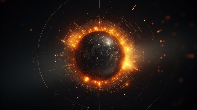 An abstract black background with a golden glowing planet in the center surrounded by an energy field and particles floating in the void. - Powered by Adobe