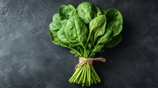Fresh spinach tied with twine on dark textured background