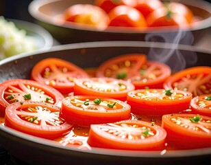 Sliced Red Tomatoes Cooking in Frying Pan with Steam Close Up in Bright Lighting