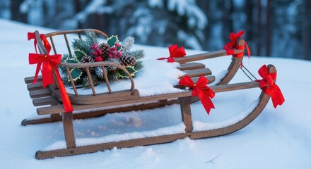 Festive Wooden Sled Adorned with Red Ribbons, Holly, Pinecones, and Frosted Berries, Resting in Fresh Winter Snow with a Softly Blurred Forest Background
