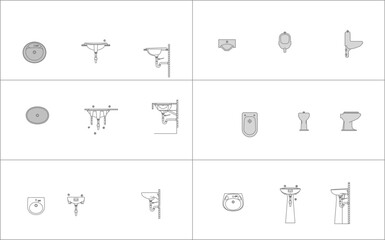 Line art vector set of bathroom and plumbing fixtures: sinks, urinals, and toilets shown in plan, elevation, and detailed section views.