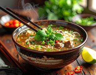 Steaming Bowl of Vietnamese Pho Noodles Garnished with Fresh Herbs and Chili Peppers on Wooden Table