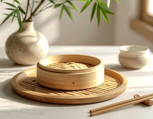 Bamboo Steamer and Chopsticks on White Table with Greenery in Vase and Blurred Background