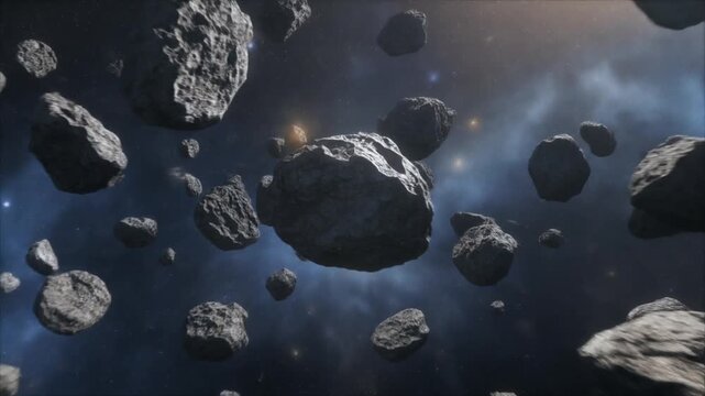 Fast-paced flight through a dense, dark asteroid field with debris and dust clouds.