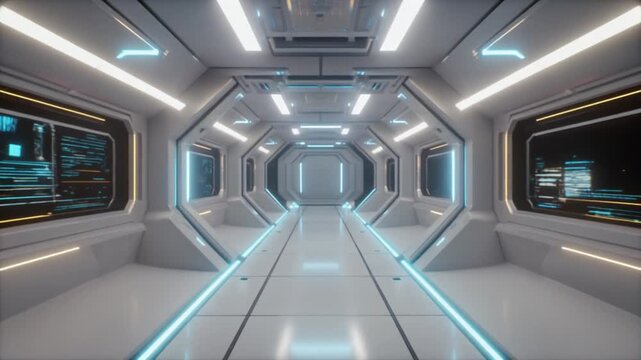 Seamless loop of a clean, brightly lit futuristic space station interior module or living habitat.