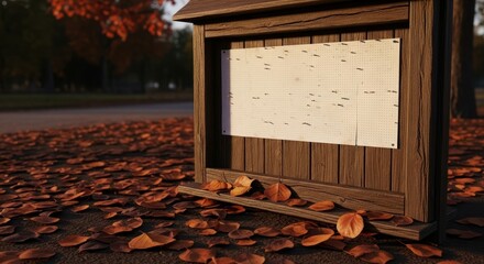 Autumn bulletin board covered in fallen leaves, perfect for seasonal announcements, community events, or fall marketing campaigns in a warm, inviting setting