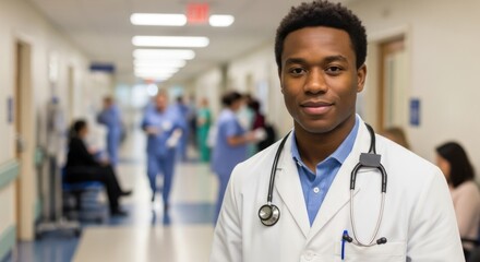 A young male doctor standing in a hospital corridor.