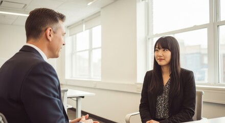 Two business professionals in a meeting room, discussing work-related topics.