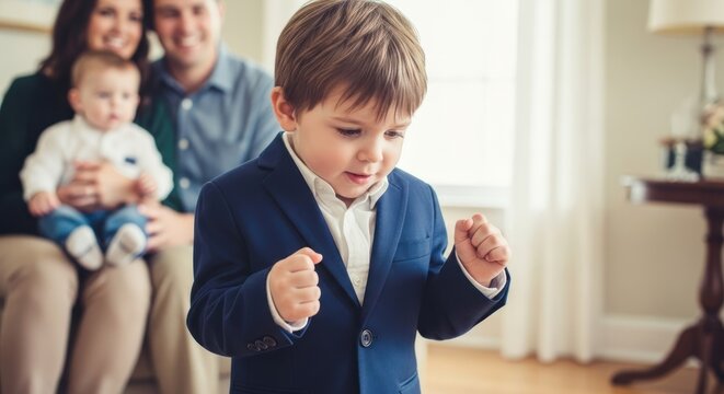 A young boy in a blue suit with his hands clenched in front of him, standing in a well-lit room with a window and a couch in the background.