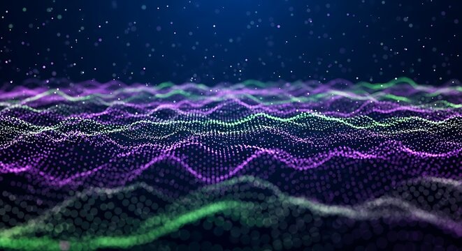 Abstract digital wave of glowing particles in purple and green, representing data flow and network connections in a futuristic digital landscape