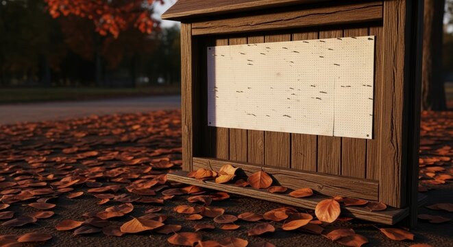 Autumn bulletin board covered in fallen leaves, perfect for seasonal announcements, community events, or fall marketing campaigns in a warm, inviting setting