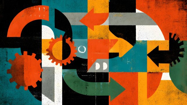 Abstract geometric composition features rotating gears and directional arrows signifying process and motion