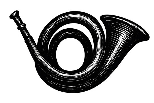 Vintage French horn musical instrument sketch with elegant swirling lines evoking classic elegance and timeless sound