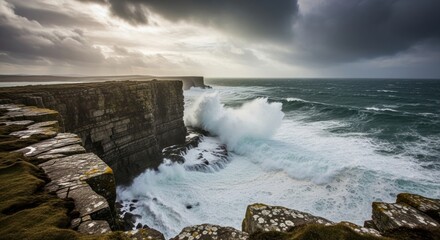 Powerful waves crash against majestic coastal cliffs under a dramatic, stormy sky, showcasing the raw beauty of a rugged coastline with sunlight breaking through clouds.