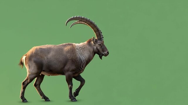 Graceful alpine ibex walking and grazing on green screen for easy compositing wildlife footage.