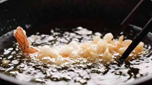 Frying shrimp tempura japanese kitchen cooking tutorial indoor close-up culinary technique