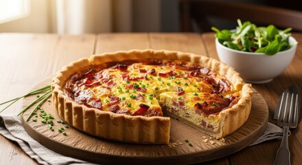 Homemade Bacon and Chive Quiche, Freshly Baked and Sliced, Served on a Rustic Wooden Board with a Crisp Green Salad for a Delightful Meal.