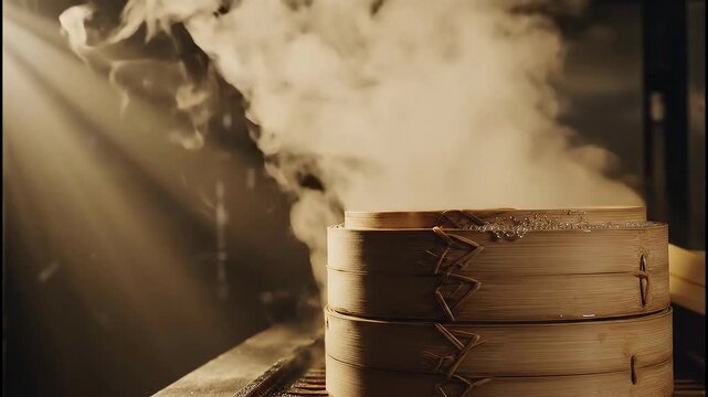 Steaming Bamboo Baskets A Culinary Tradition Unveiled in Warm Light.
