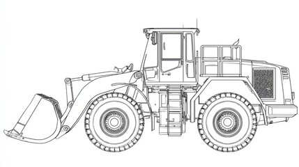 Naklejka premium Line drawing of a heavy-duty front loader construction vehicle.