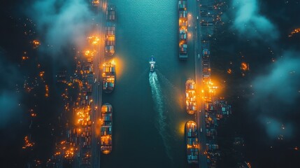 Aerial view of a busy container port at night with illuminated cranes ships and cargo containers on water creating a vibrant industrial landscape scene