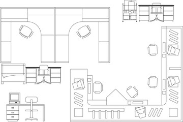 Vector set of detailed office layouts: desks, modular cubicles, chairs, and storage units in plan view and elevation for CAD drawings.
