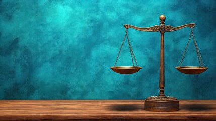 Elegant antique brass balance scale with empty weighing pans and wooden base against a textured turquoise background symbolizing justice and accuracy