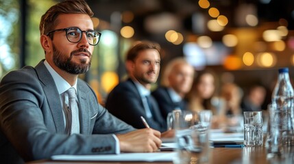 Businesspeople attending a professional conference or seminar in a modern indoor setting with attentive listening and note-taking du a corporate meeting or presentation