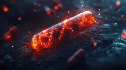Close-up of a glowing, fiery capsule-shaped object emitting bright orange sparks and light, resting on a dark textured surface with floating particles and dramatic illumination