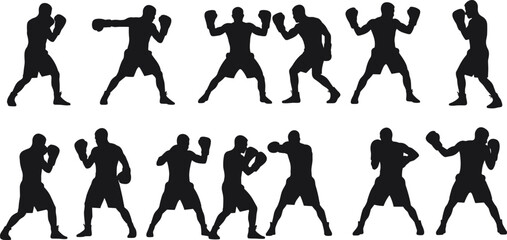 Boxer silhouette poses, boxing stance illustration, martial arts training, fighter movement vector, sports action clipar © Hasem Creative