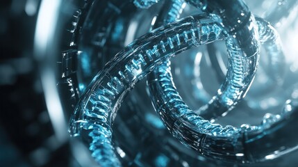 Close-up of futuristic glowing intertwined glass tubes with blue illumination and intricate reflections creating a high-tech abstract science fiction background