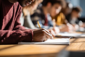 Close-up of students writing on notebooks with golden pens in a bright classroom, concept for academic exam, creative writing and learning process